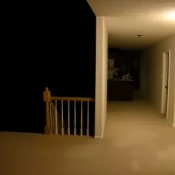 Dark stair landing with a wooden railing.