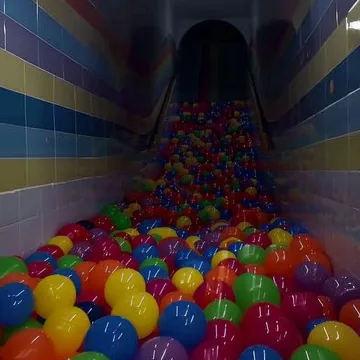 Colorful balls spilling from a tiled tunnel.
