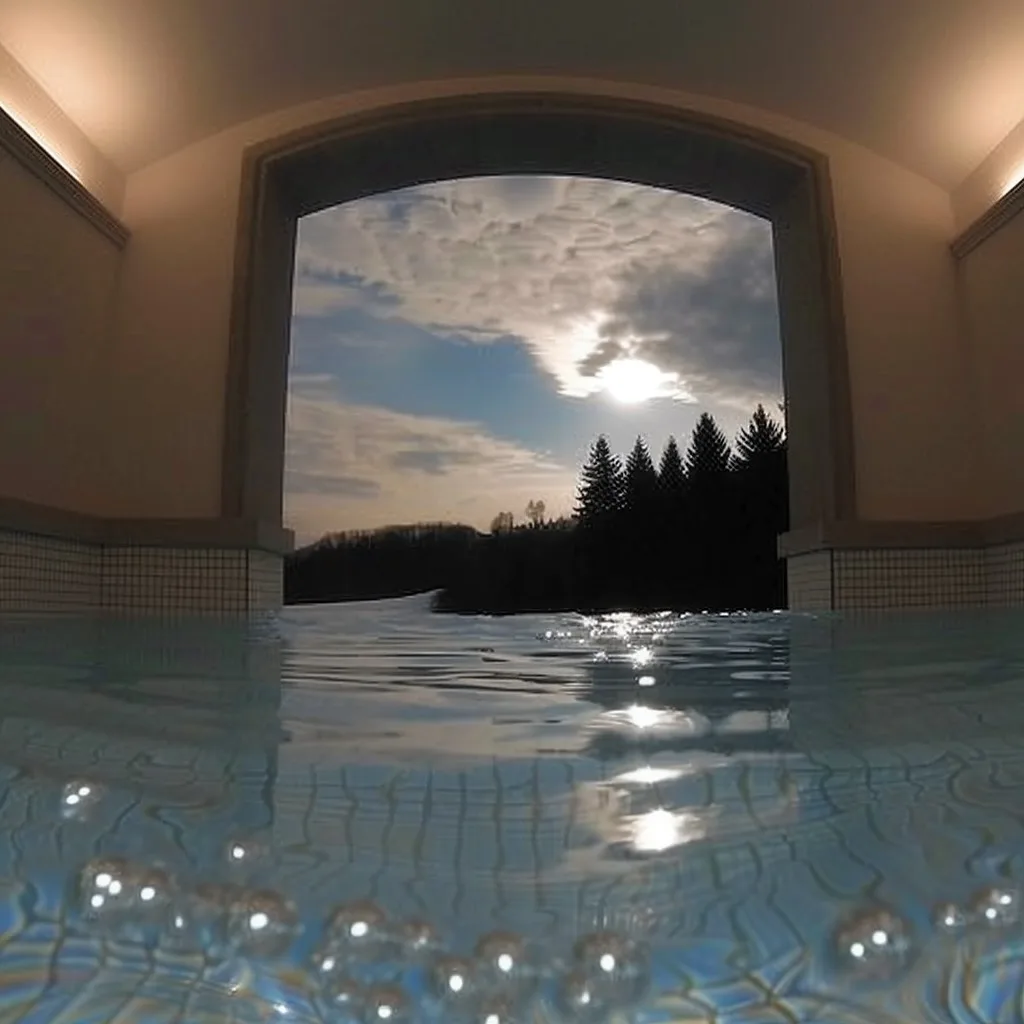 Water beneath an arch overlooking mountains.
