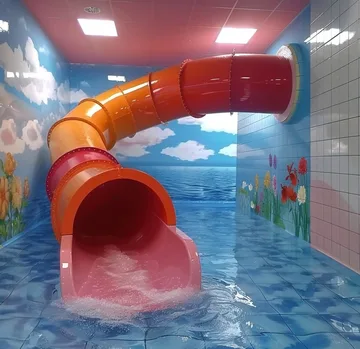 Red and orange slides in an indoor pool.
