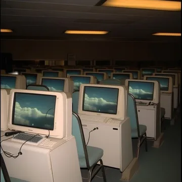 Rows of old computer monitors in a dim room.