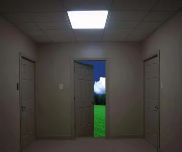 Gray hallway opening onto a bright green field.