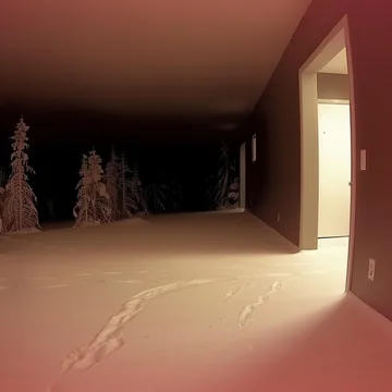 Snow entering an open room at dusk.