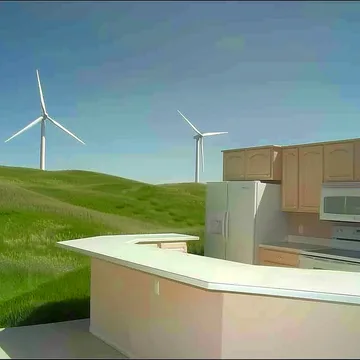 White counter overlooking grassy hills and wind turbines.