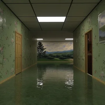Flooded hallway with a distant landscape.