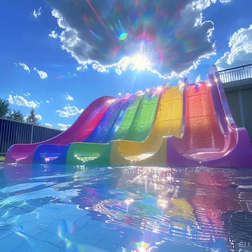 Rainbow water slides under a bright blue sky.