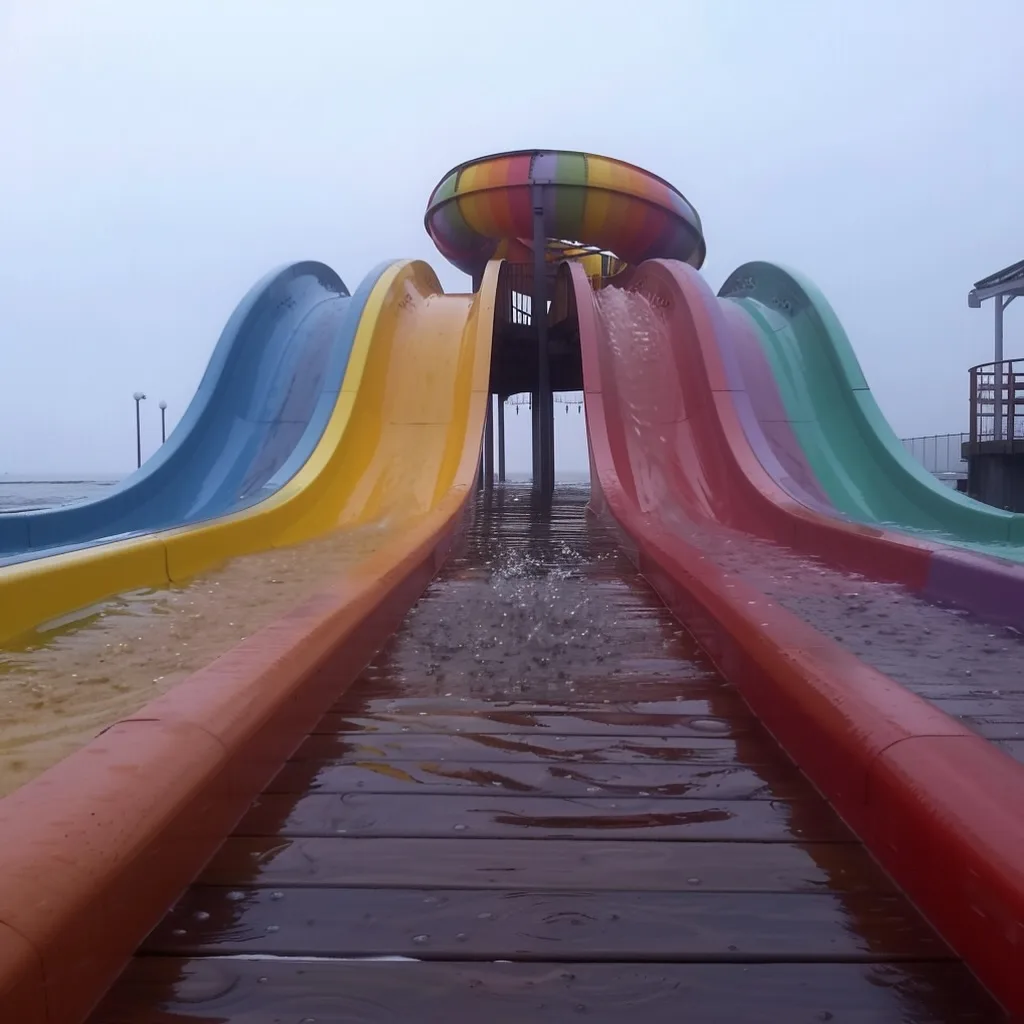 Three outdoor slides on a wet platform.