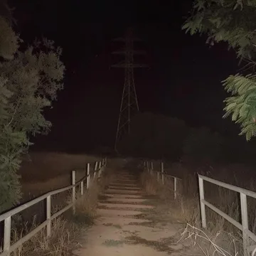 Wooden bridge disappearing into the night.