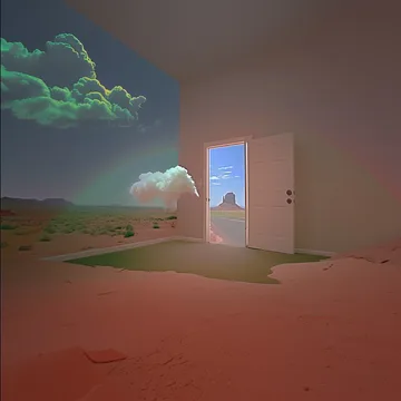Open doors standing in a pink desert.
