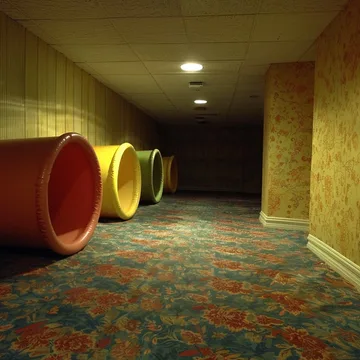 Colored play tunnels in a carpeted basement.