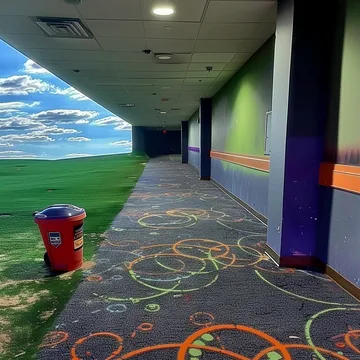 Patterned corridor opening onto rolling green hills.