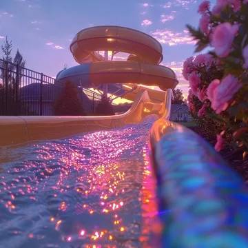 Spiral water slide reflecting a pink sunset.