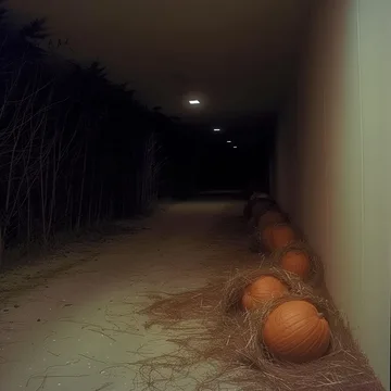 Pumpkins along a dark corridor.