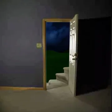 Open door leading to a dark staircase.