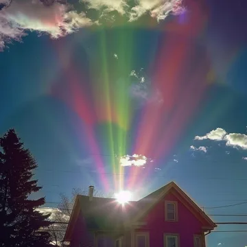 Rainbow beams above a house at night.