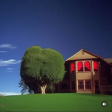 House with red windows beneath a deep blue sky.