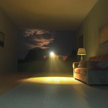 Quiet room lit by a lamp and a distant sunset.