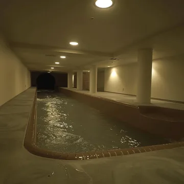 Long narrow pool in a beige corridor.