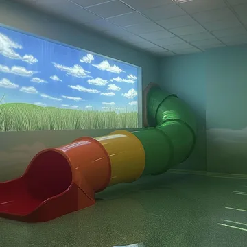 Play tunnel beside a window onto a green field.