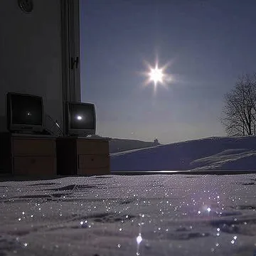 Moonlight over snow beside an old television.