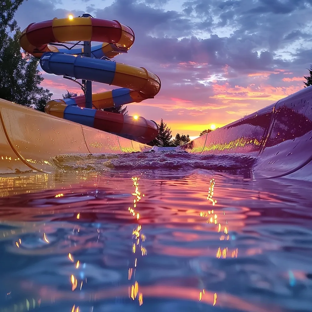 Orange water slide above a sunset pool.