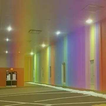 Rainbow light washing over empty columns.