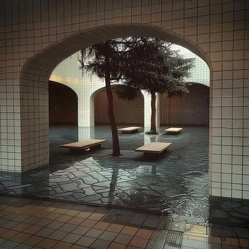 Tiled arch opening to a tree and shallow water.