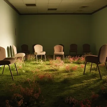 Chairs arranged around flowers in a dim room.