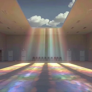 Rainbow shafts from a cloud-filled skylight.