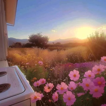 Flowers beside an outdoor chair at sunset.