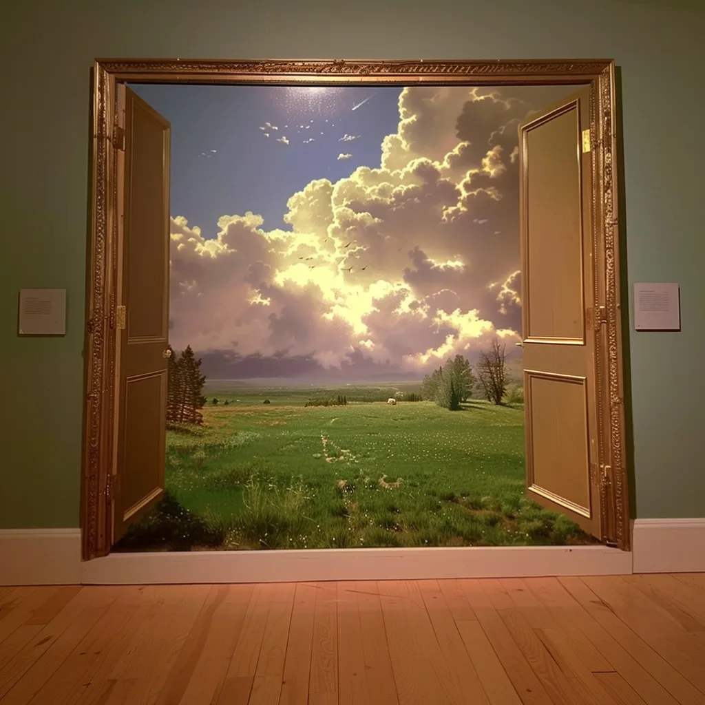 Open double doors framing clouds and a green field.