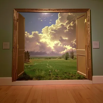 Open double doors framing clouds and a green field.