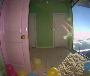 Balloons on the floor of a pastel room.