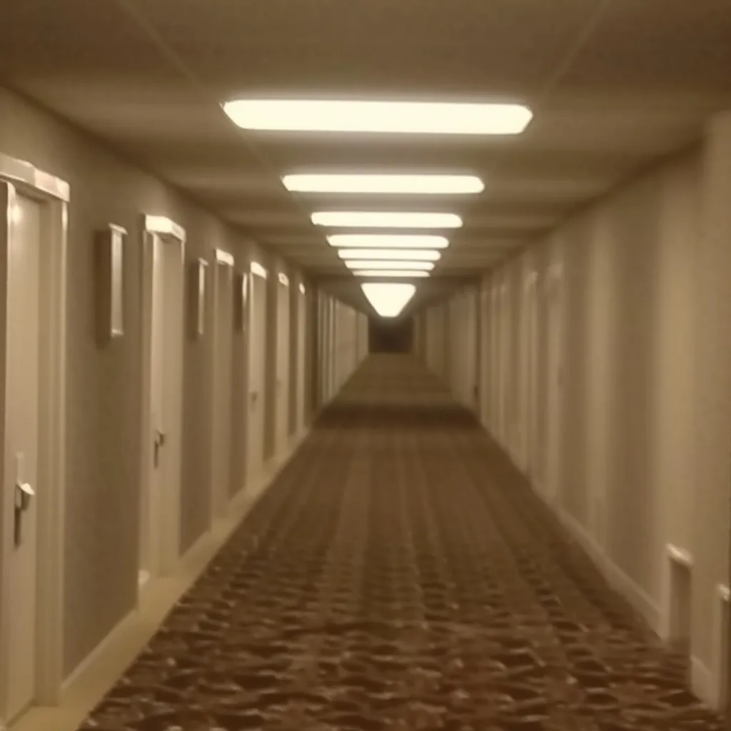 Long beige hallway with repeating doors.