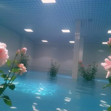 Blue indoor pool surrounded by flowers.