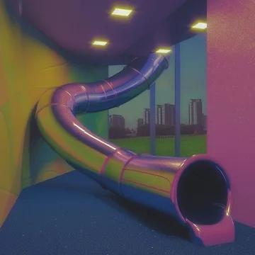 Purple tube slide in a colorful room.