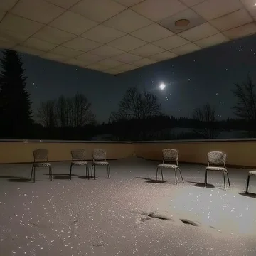 Empty tiled terrace under a moonlit sky.