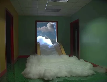 Cloud spilling through a doorway into a green room.
