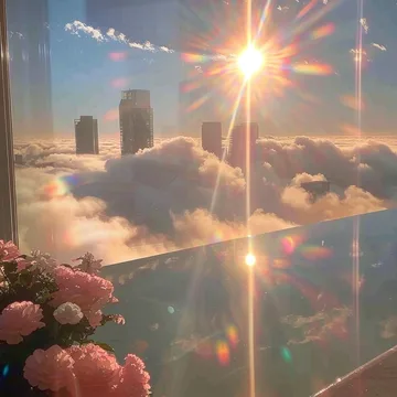 Roses overlooking a glowing city in the clouds.