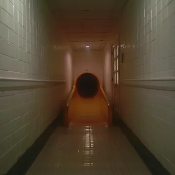 Yellow play tunnel at the end of a corridor.