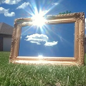 Gold picture frame standing in sunlit grass.