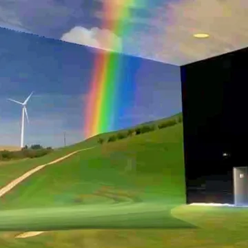 Rainbow beyond a dark open doorway.