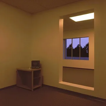 Chair in an empty yellow room at dusk.