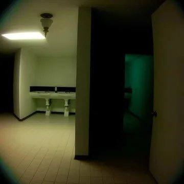 Dim green hallway with a bench.