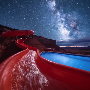 Red water slide beneath a starry night sky.