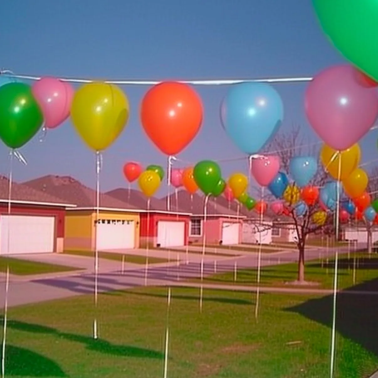 Balloons above a pastel suburban street.