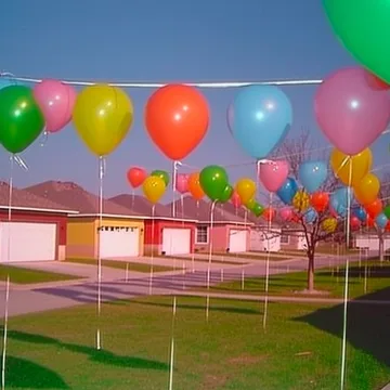 Balloons above a pastel suburban street.