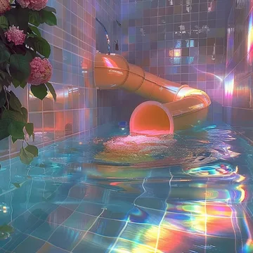 Flowers and an orange slide reflected in water.
