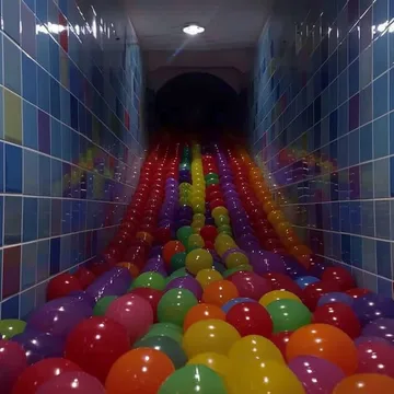 Colorful balls filling a blue tiled passage.
