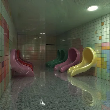 Colored slides in a dim tiled pool room.